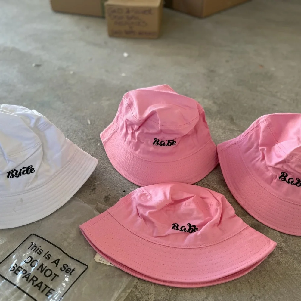 Bachelorette/bride/squad Bucket Hat Set - Black, White, Pink